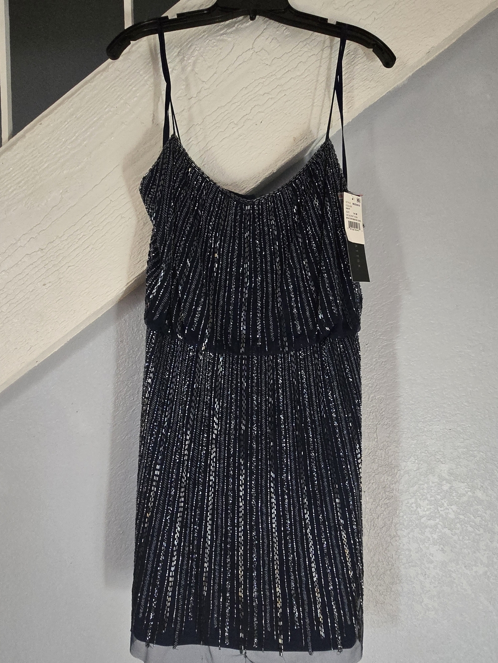 ​Aidan Mattox Navy Beaded Spaghetti Navy Blue Sequin Strap Dress